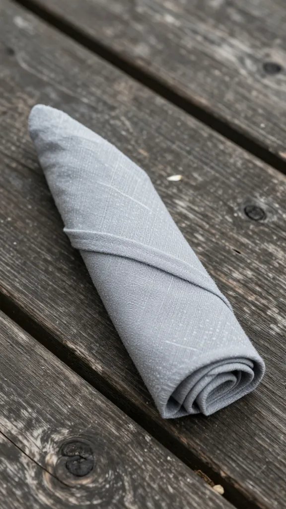 mid-tone gray napkin swan on rustic wood picnic board