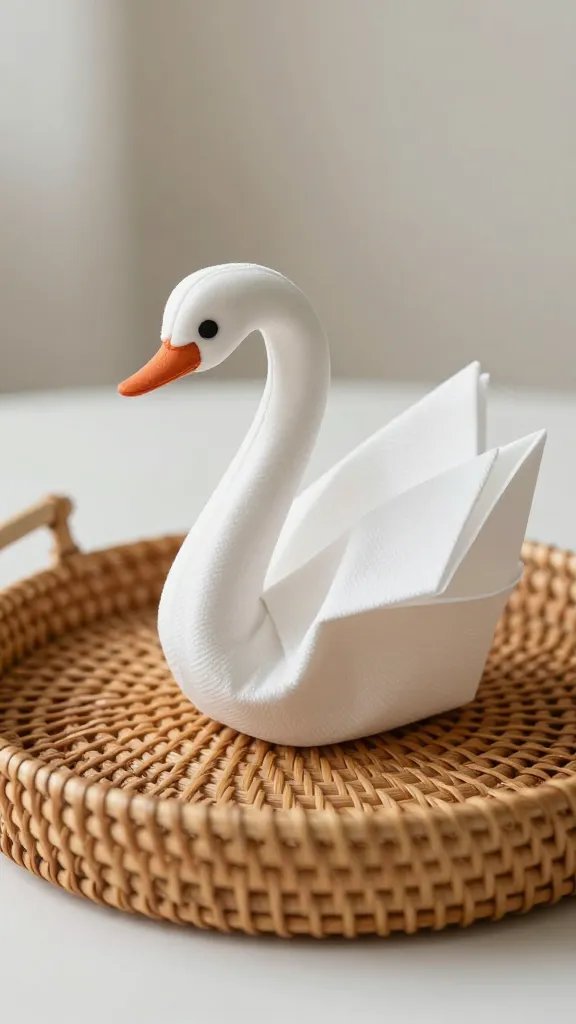 folded napkin swan on rattan charger, soft natural light