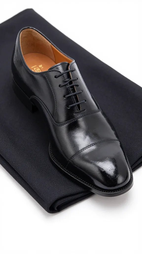 Black patent tuxedo shoe resting on folded blanket edge