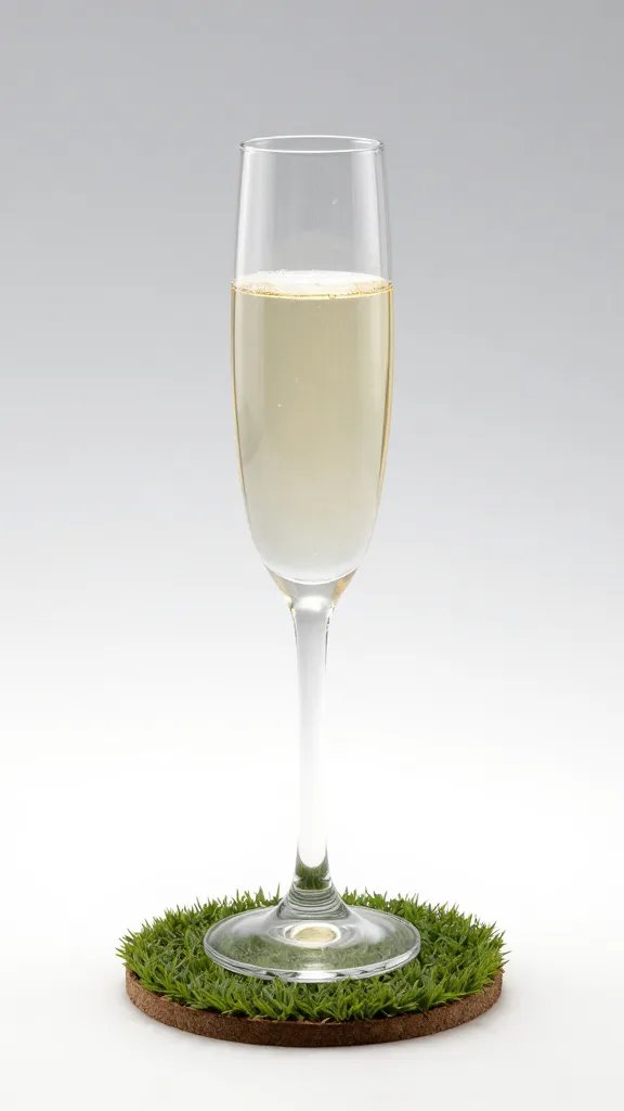 Single crystal champagne flute on grass-stable coaster