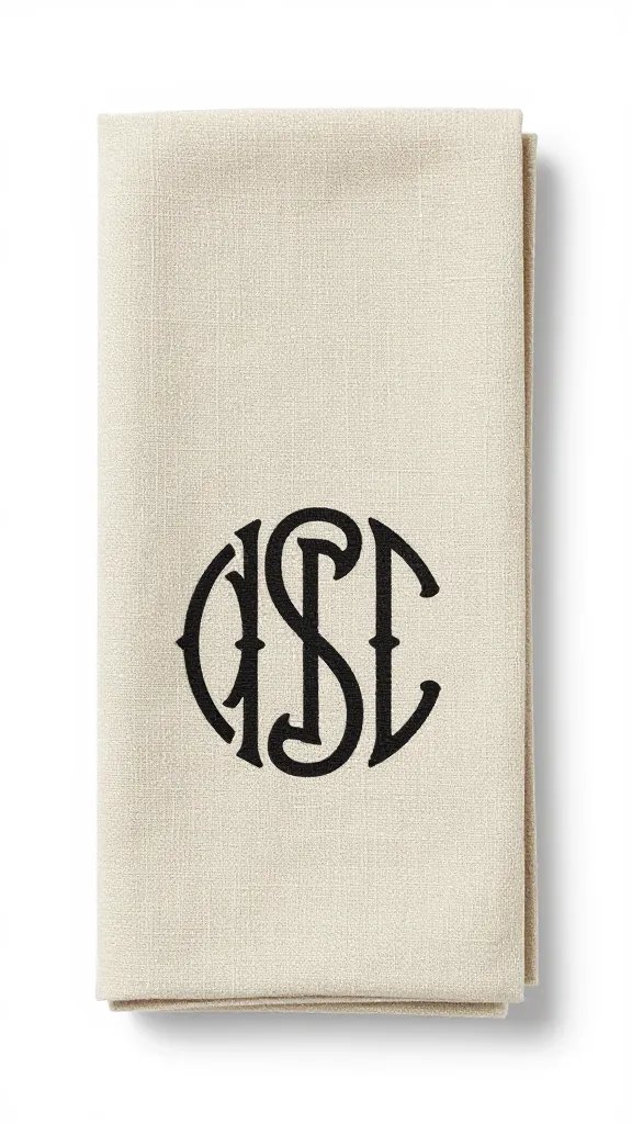 Monogrammed linen napkin in tight tuxedo fold