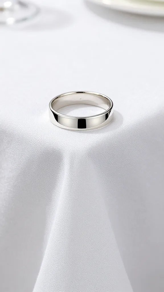 Weighted silver napkin ring anchoring tablecloth corner