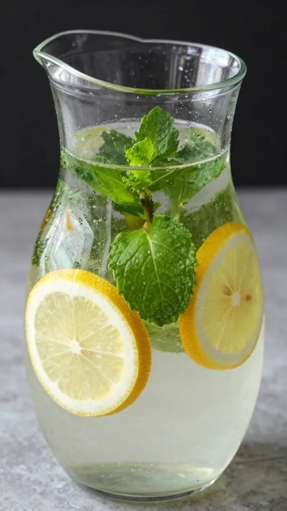 clear glass pitcher of citrus-mint water, closeup