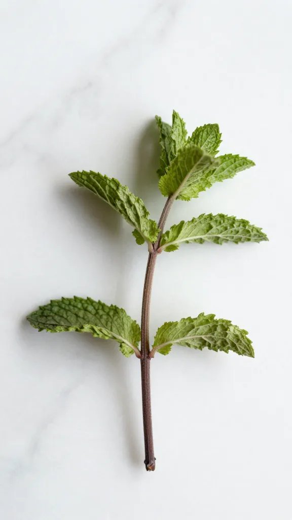 sprig of spun-dry mint on white marble, closeup