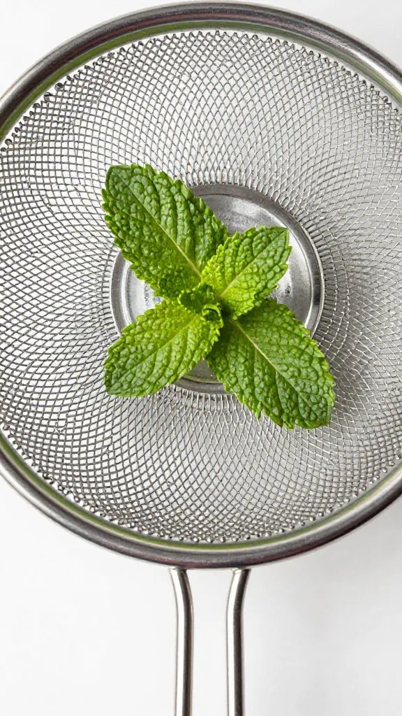stainless mesh salad spinner with mint, top-down closeup