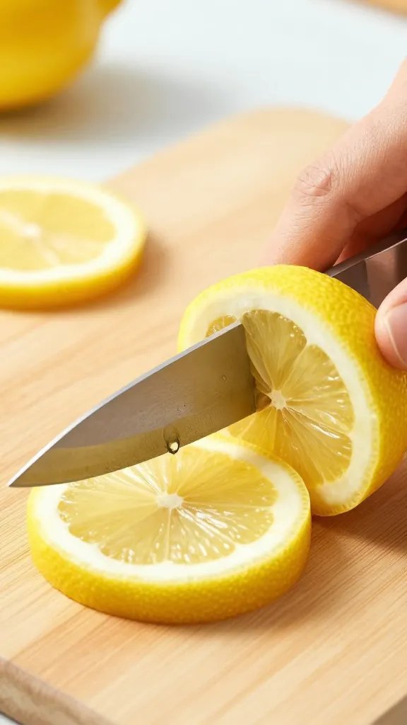 sharp knife slicing lemon wheels on board, closeup