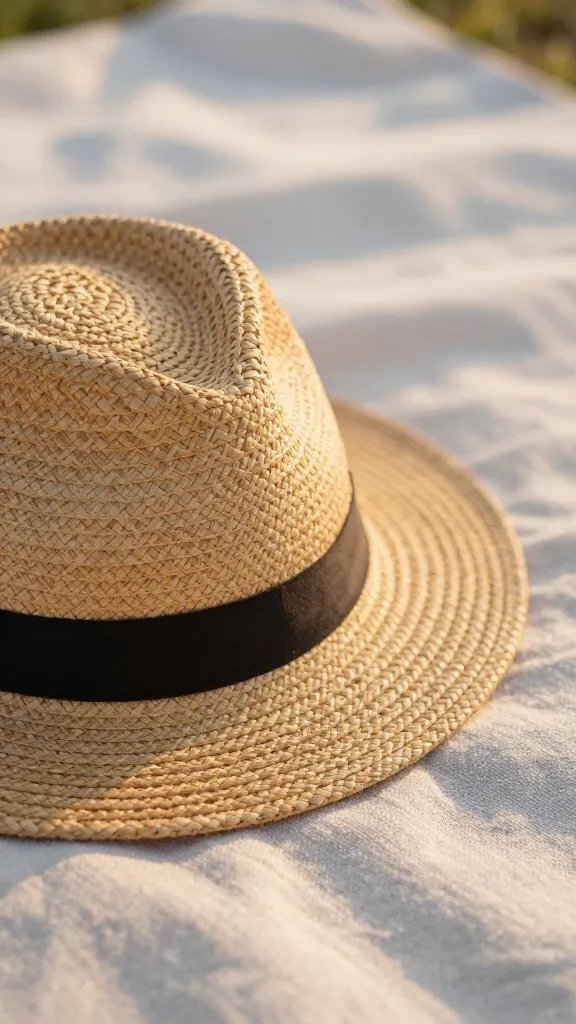 closeup of a single straw hat on a picnic blanket at golden hour