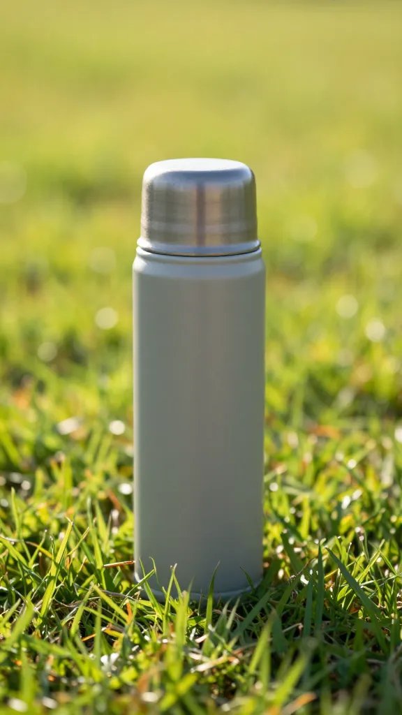 closeup of a lone thermos against sunlit grass and shallow bokeh