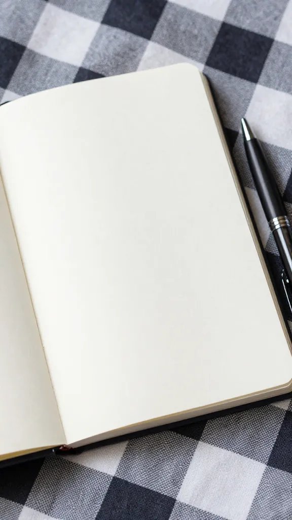 closeup of a single open notebook with pen on checkered blanket