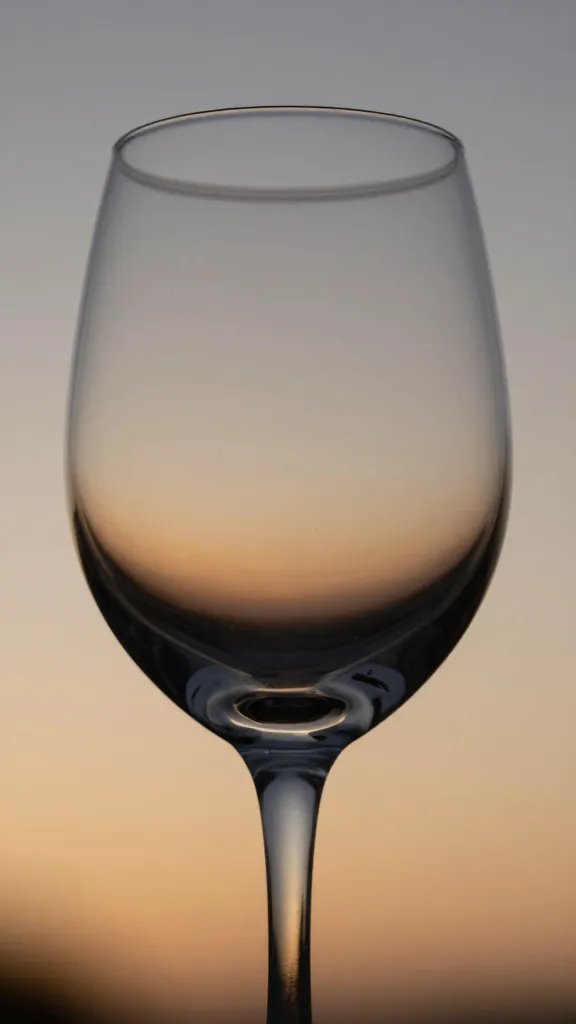 closeup of a single wine glass reflecting warm sky at dusk