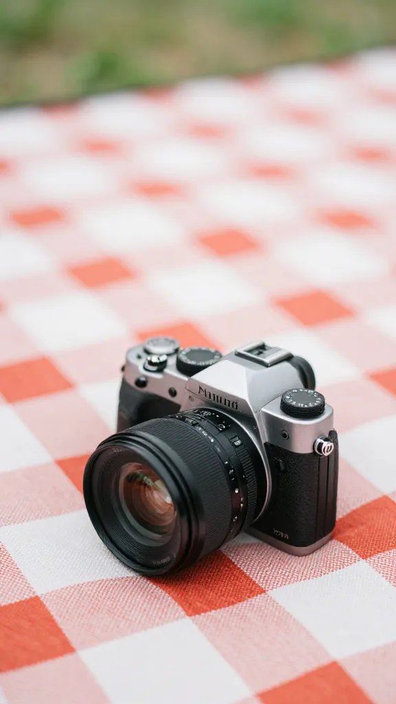 closeup of a lone camera resting on picnic blanket, shallow focus