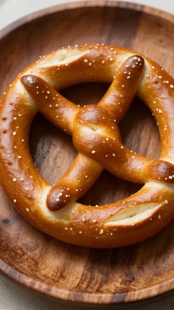 closeup of a single pretzel on a rustic wooden plate