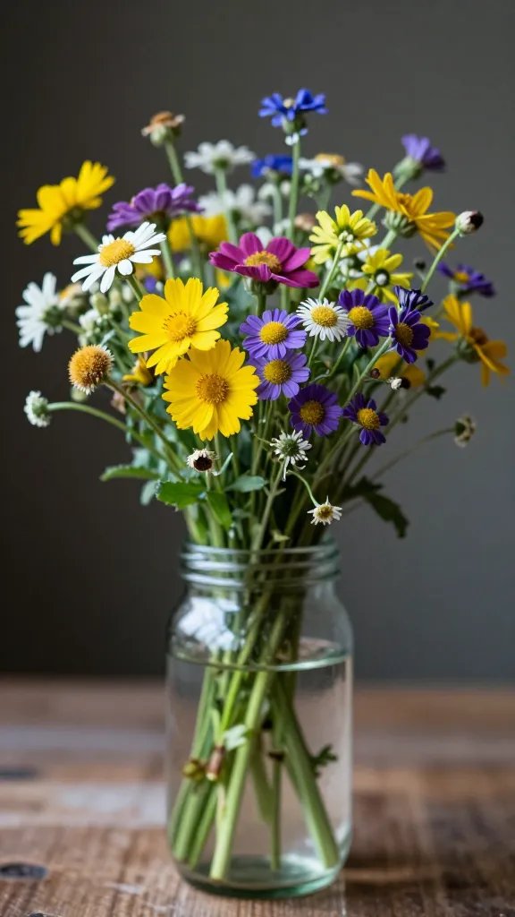 closeup of a lone bouquet of wildflowers in a glass jar