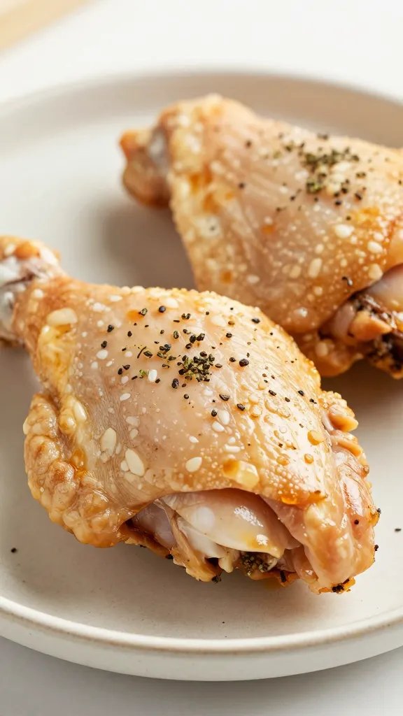 Closeup of pre-cooked chicken thighs on a small plate with herbs