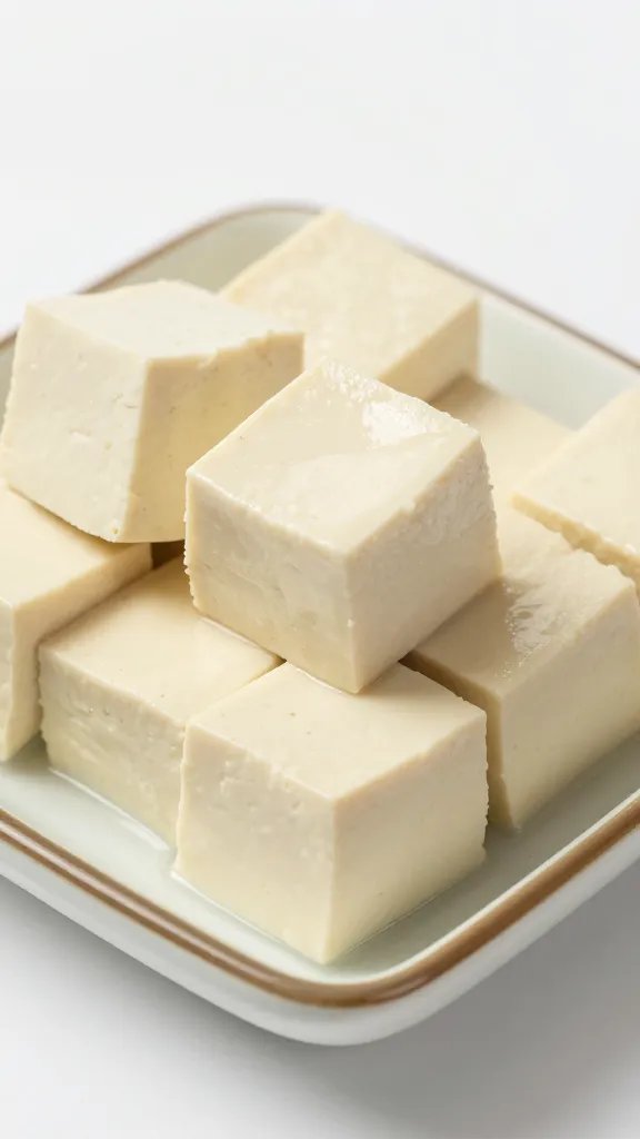 Closeup of tofu bites arranged on a tiny square dish