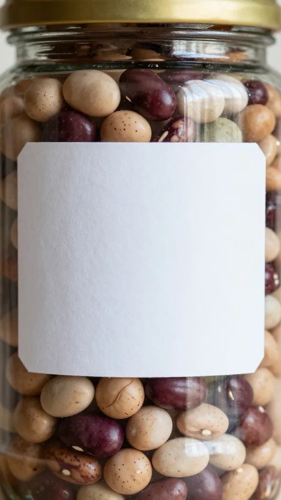 Closeup of a jar of mixed beans, label facing camera