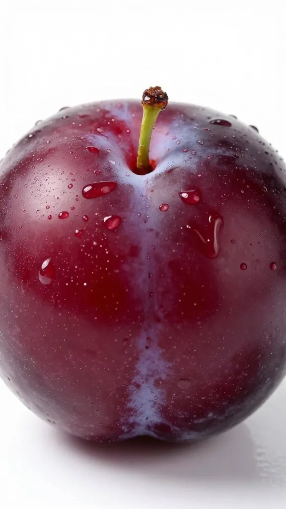 Closeup of a single fresh plum with dew on skin