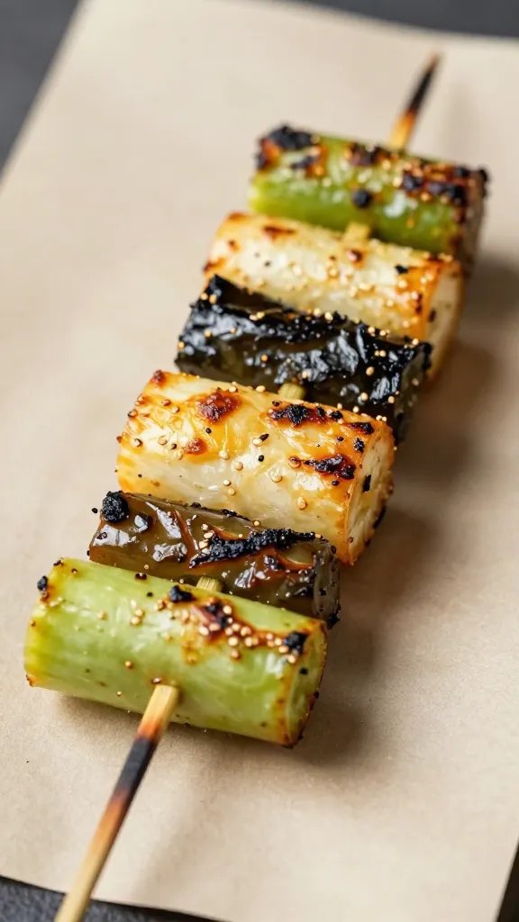 Closeup of a single grilled vegetable skewer on parchment