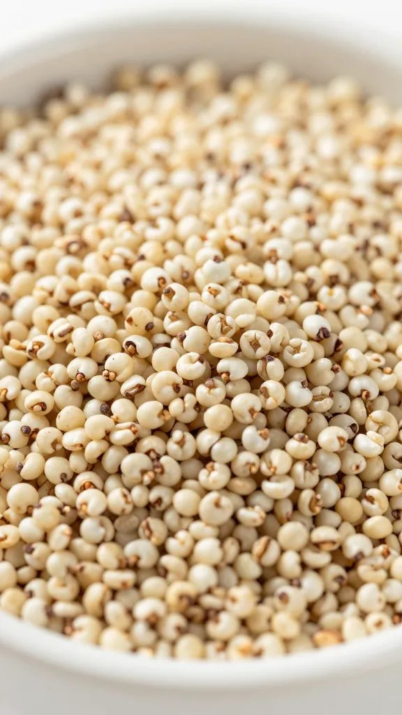 Closeup of a small bowl of quinoa with visible grains