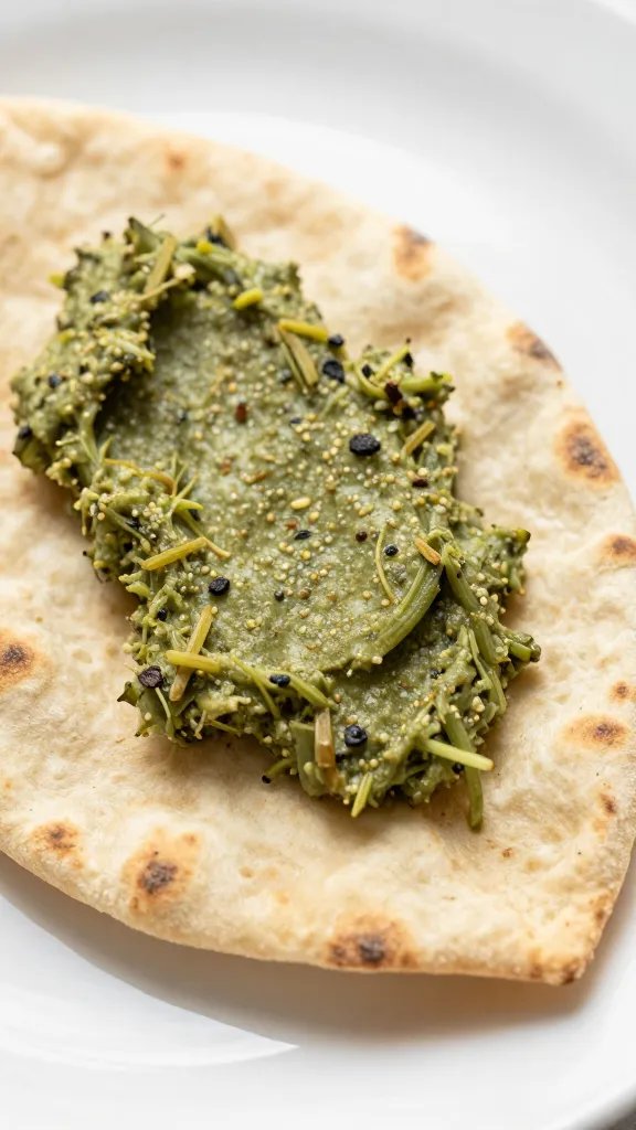 Closeup of a single pita pocket with tiny plant-based spread