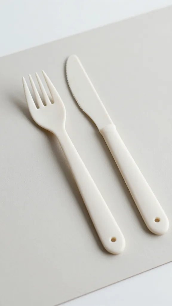 Closeup of a reusable cutlery set resting beside a minimalist placemat
