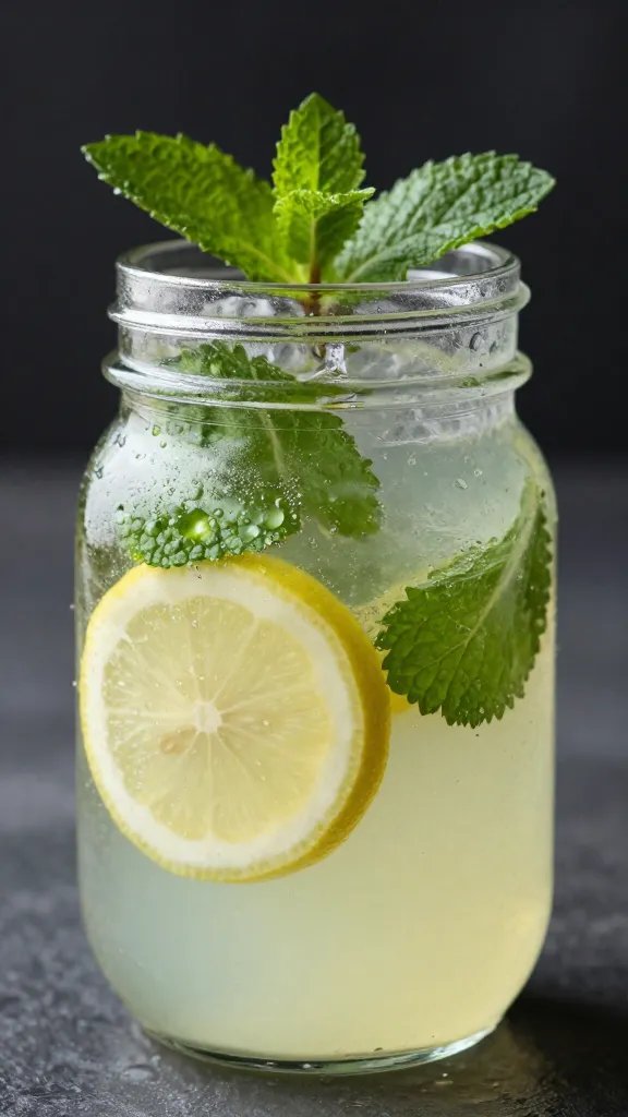 closeup of a single mason jar filled with lemonade and mint