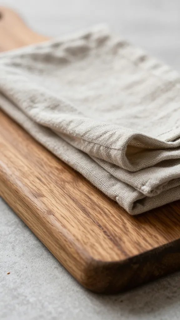 closeup of a rustic wooden cutting board with folded linen napkin