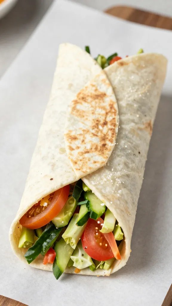 closeup of a single homemade veggie wrap on parchment