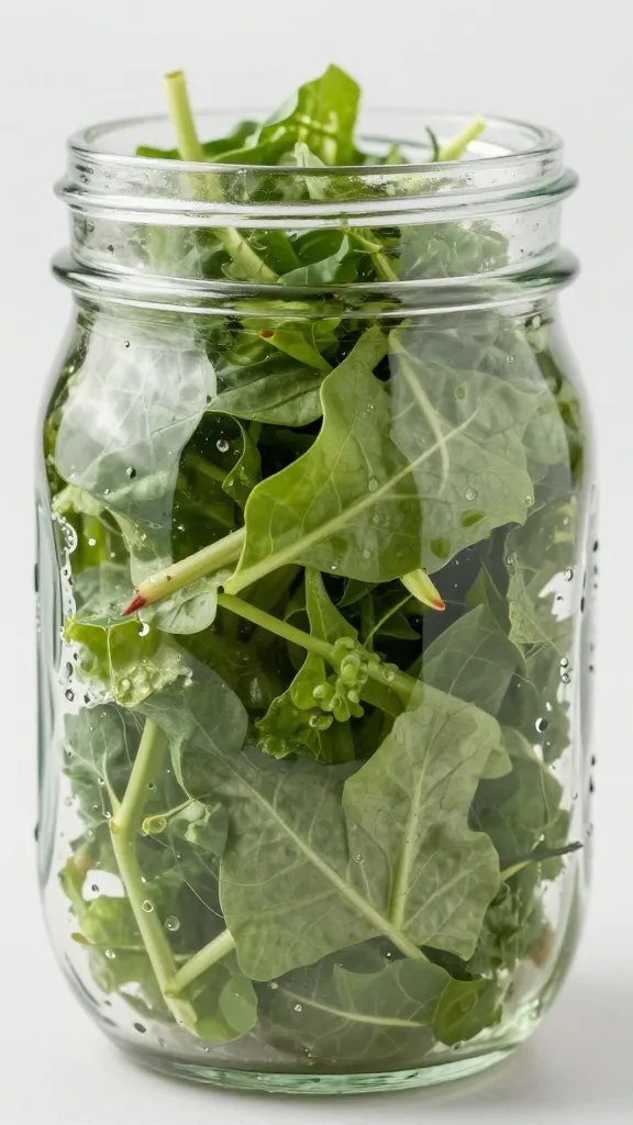 closeup of a single mason jar salad with visible greens