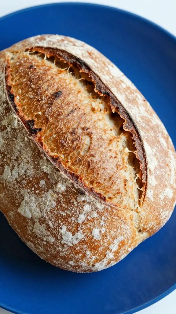 closeup of a single loaf of crusty bread on a indigo plate