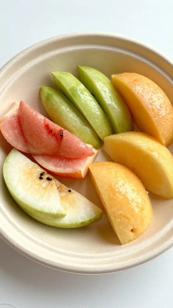 closeup of a single reusable plate with mixed fruit slices
