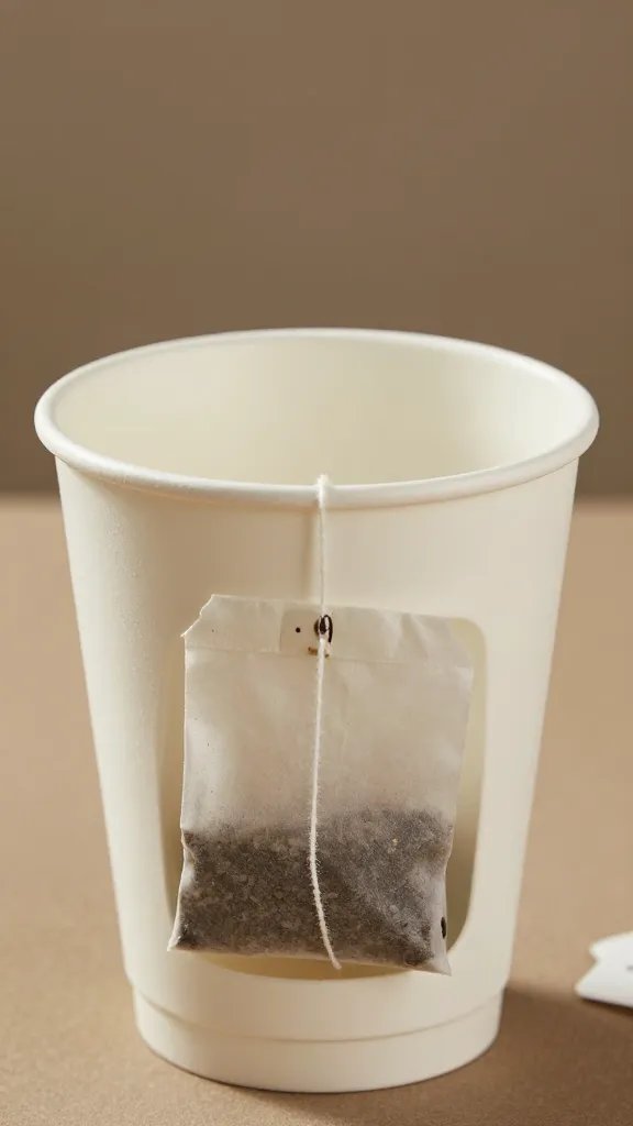 closeup of a single reusable cup with tea bag and string