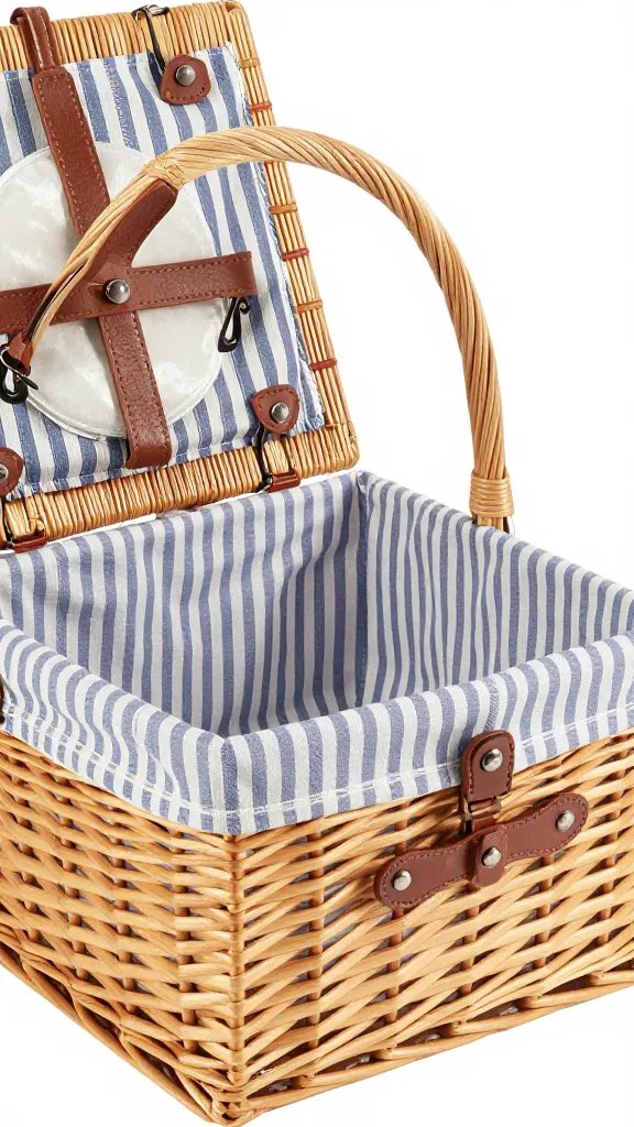 closeup of a solitary picnic basket with striped liner