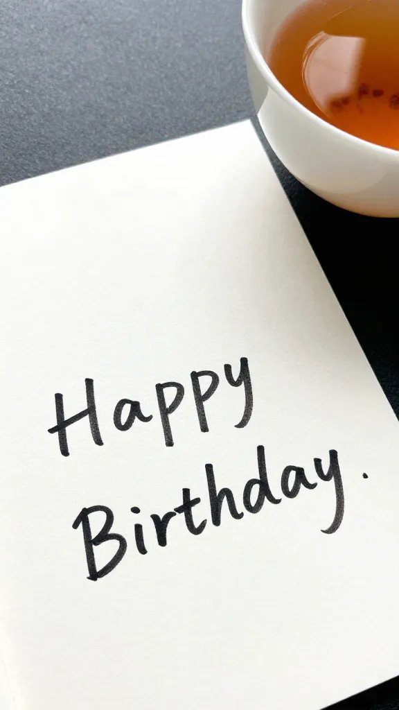 closeup of a hand-written birthday card beside tea cup