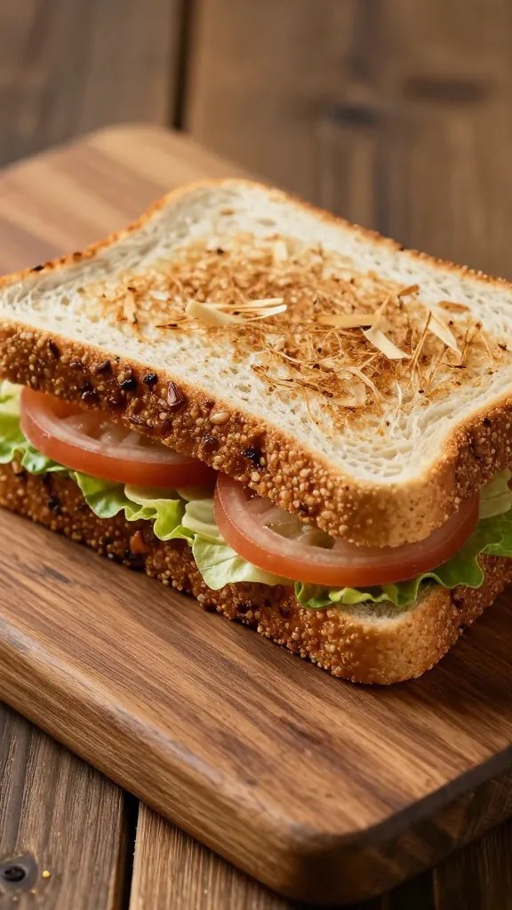 closeup of a single sandwich on rustic wooden board