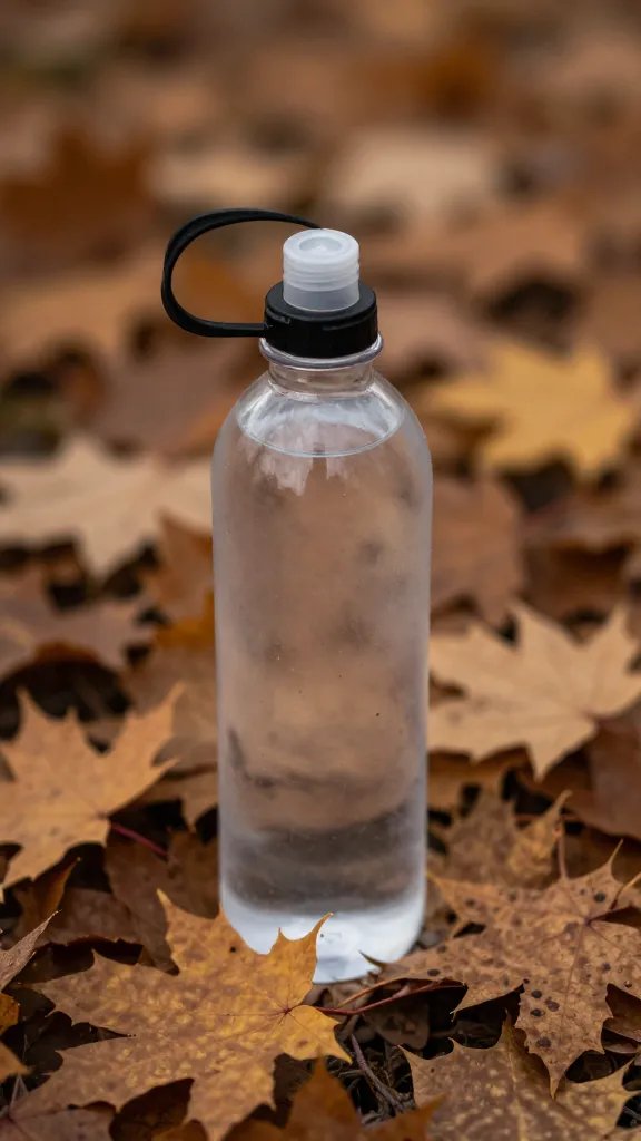 closeup of a lone water bottle with shaded park maple leaves