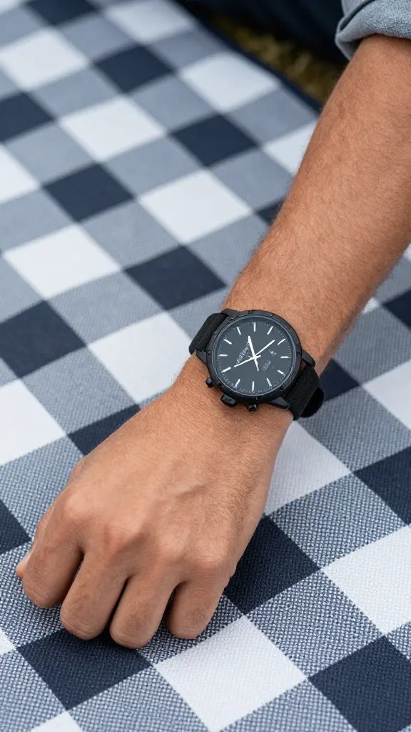 closeup of a solo hiker’s wristwatch on picnic blanket