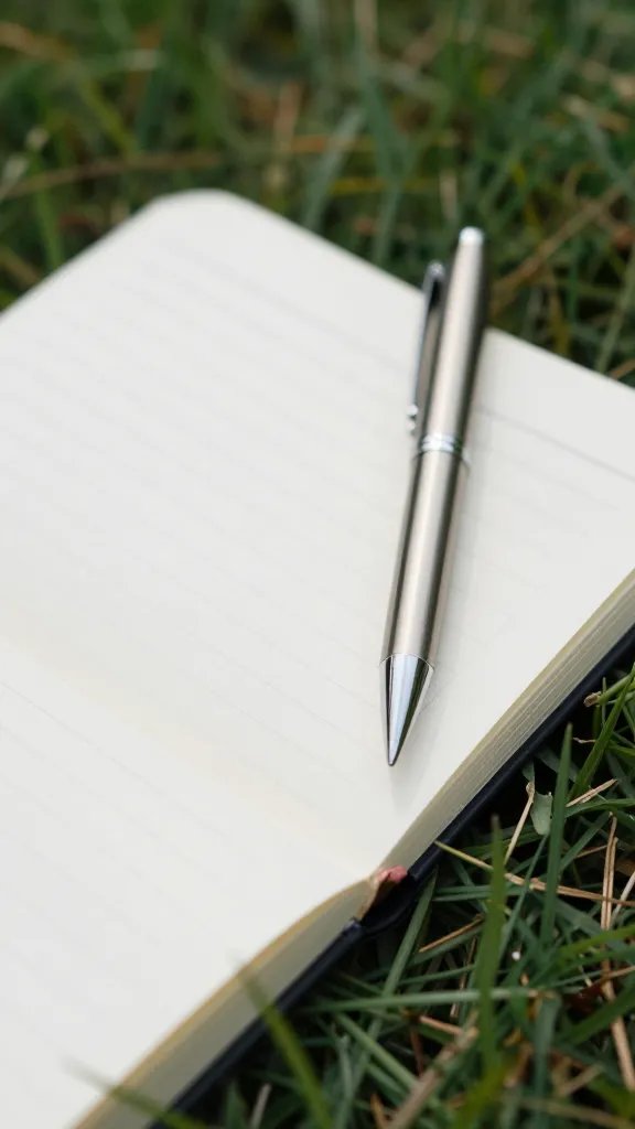closeup of a personal journal and pen on grass