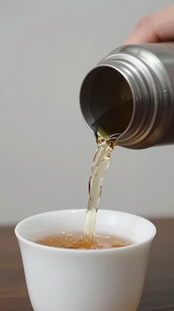 closeup of a single thermos pouring tea into Cup