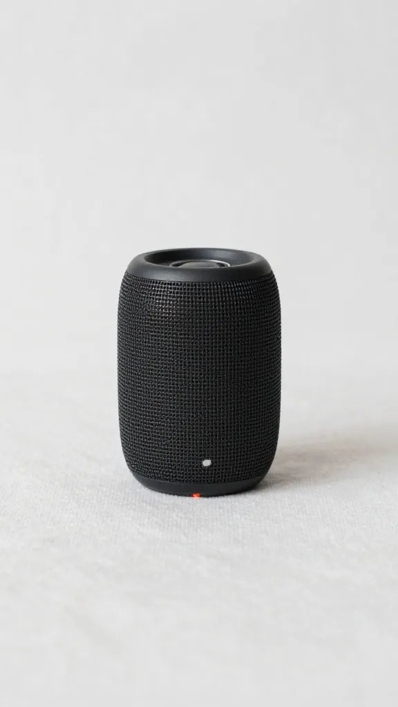 closeup of a lone portable speaker on blanket edge