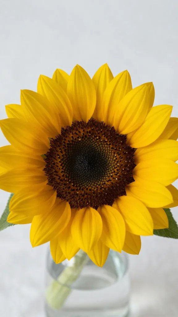 closeup of a single sunflower in a glass vase on blanket