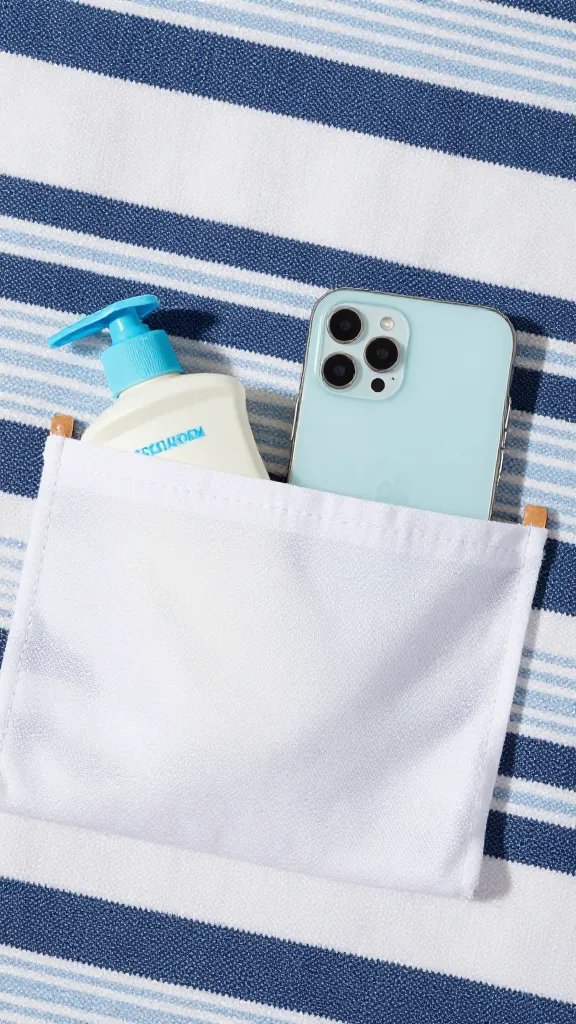 closeup of a striped beach blanket pocket with essentials