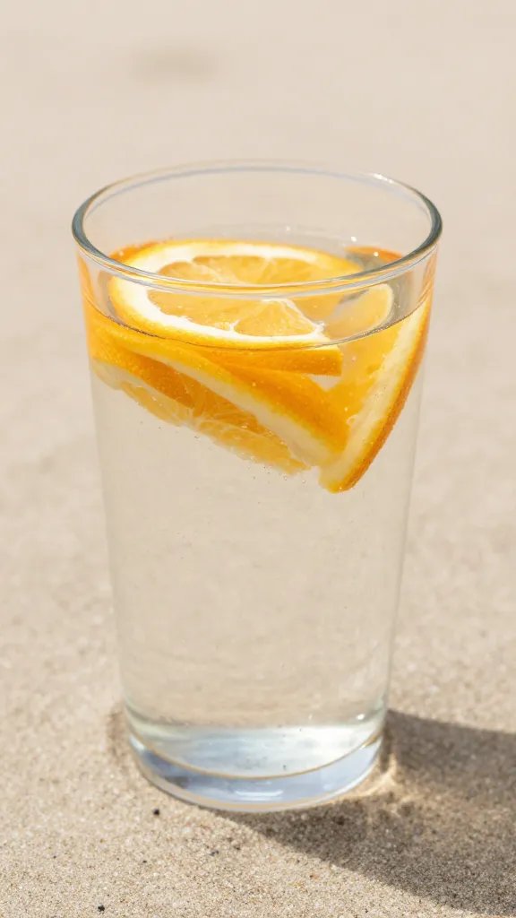 closeup of a single glass of citrus-infused water on sand