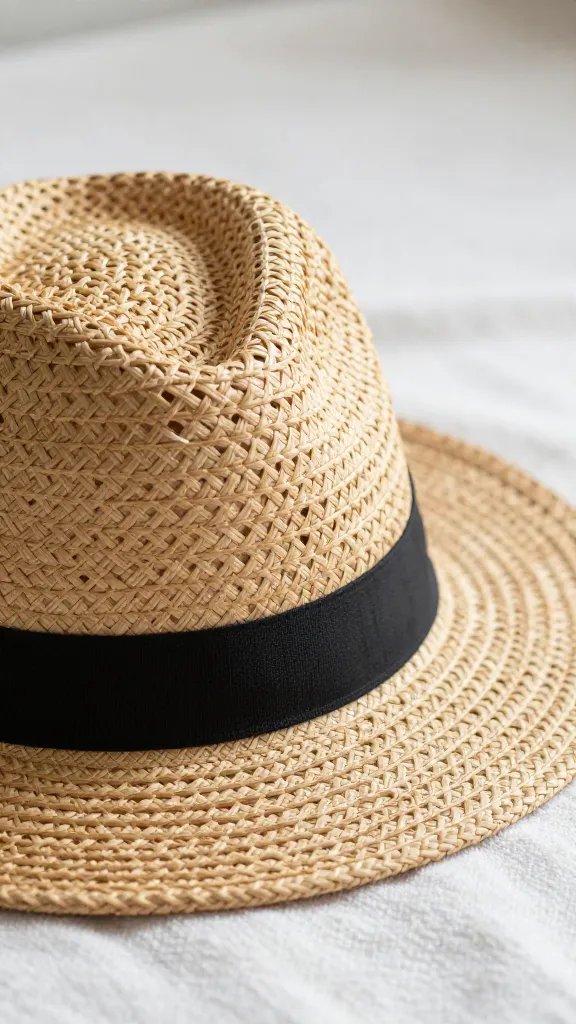 closeup of a coastal straw hat resting on a blanket edge