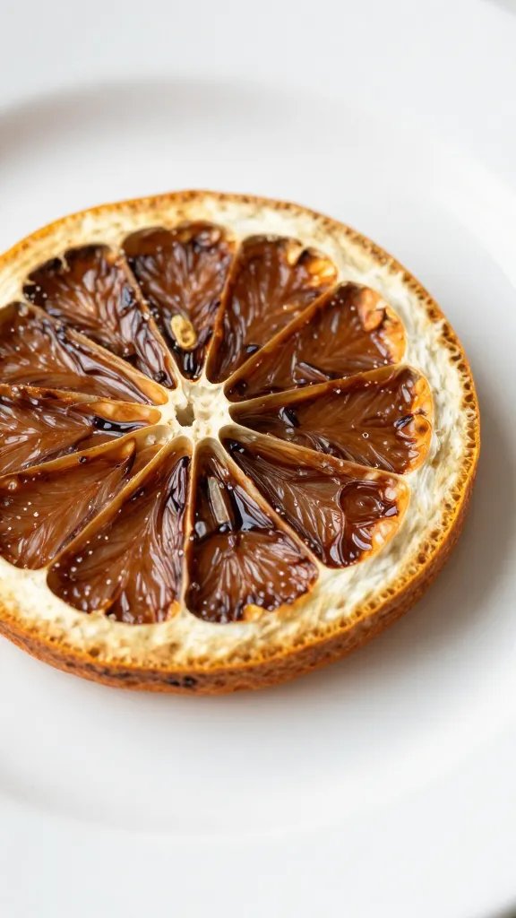 closeup of a single charred-citrus snack on white plate