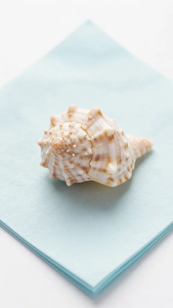 closeup of a lone seashell centerpiece on pastel napkin