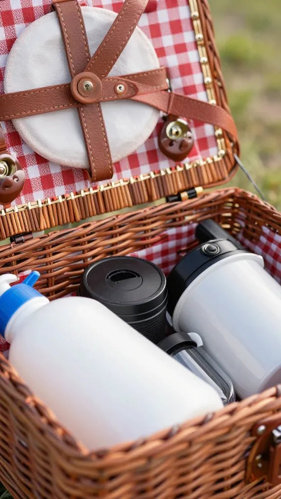 closeup of a compact picnic basket with essential items