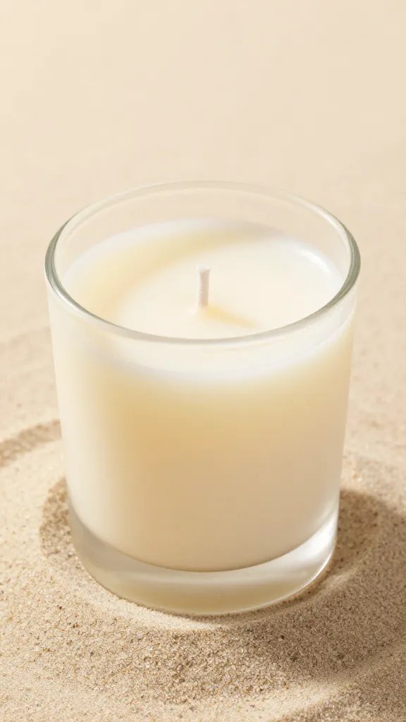 closeup of a single vanilla-scented candle on sand