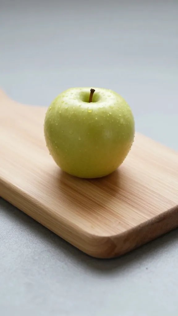 closeup of a single small wooden cutting board with fruit