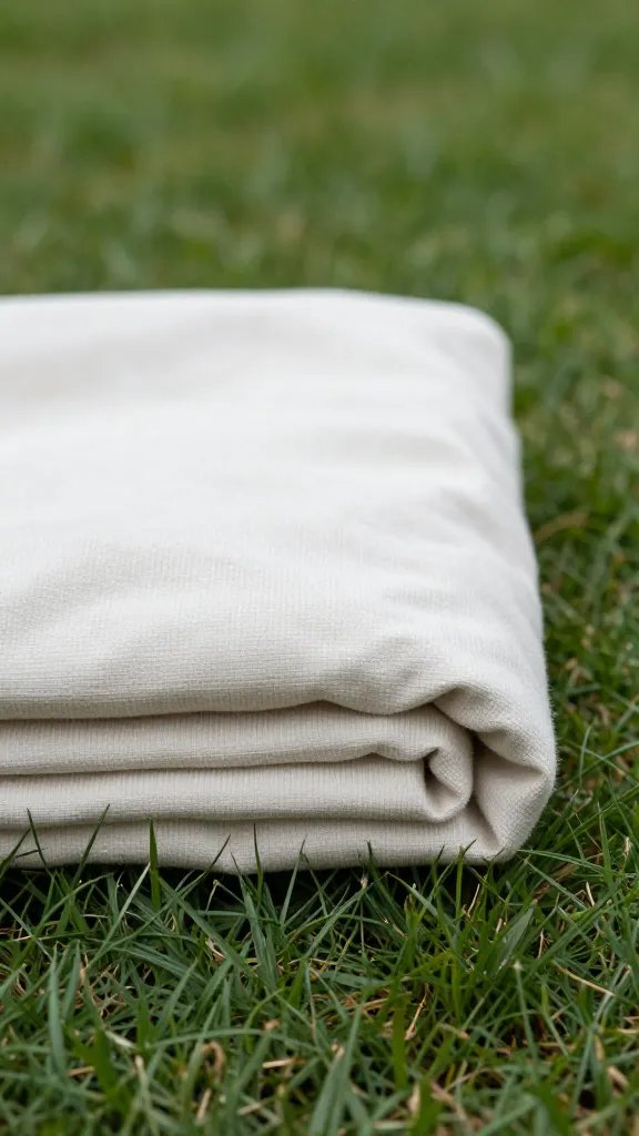 closeup of a lone blanket folded neatly on grass